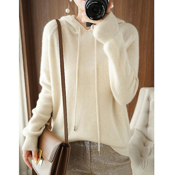 Efterår Vinter Hætte Cashmere Sweater Kvinder Pullover Løs 100% Ren Uld Hoodie Langsom Doven Vind Strik Base Hoodie LL L Beige