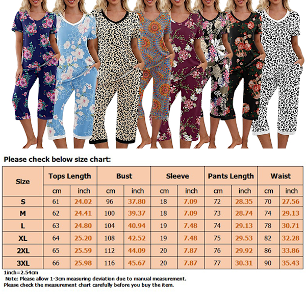 Dames Pyjamas 2 Dele Søvnbeklædning Kortærmet T-shirt & Capri Bukser Grå Grey XL