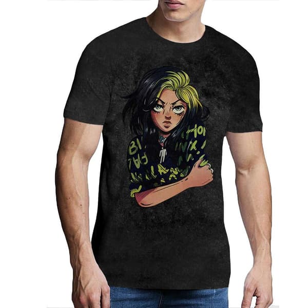Billie Eilish Unisex Anime Dip Dye T-shirt M Sort Black M