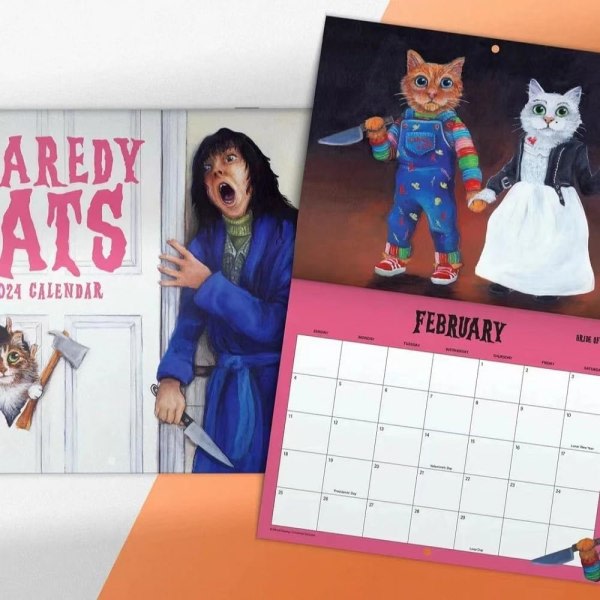 Scaredy Cats 2024 månedskalender, Cats 2024 hengende månedlig veggkalender, flott gave til organisering og planlegging