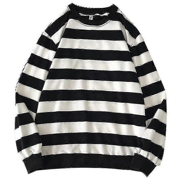 Stribet sweater dame mode O-hals løs afslappet strik pullover sweater Black S