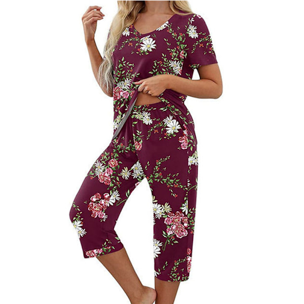 Naisten pyjamasetti, 2 osaa, fleece, lyhythihainen T-paita ja capri-housut, punainen Red S