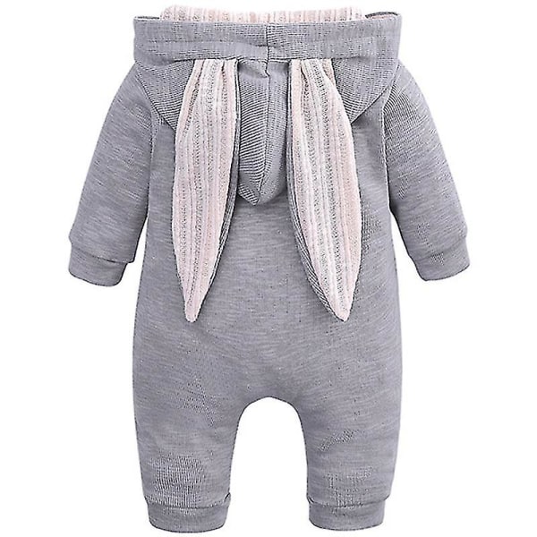 Baby Romper Kanin Bunny Ear Hætte Jumpsuit Lynlås One Piece Pyjamas Grey 0 3 Months