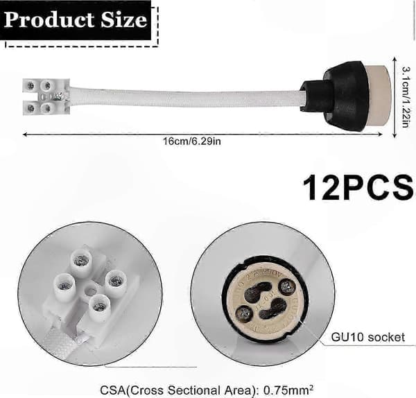 GU10 Lamphållare med Silikonkabel, 15CM Längd, 10MM Bredd, Keramisk Bas, 0-250V, 3A, 12-pack