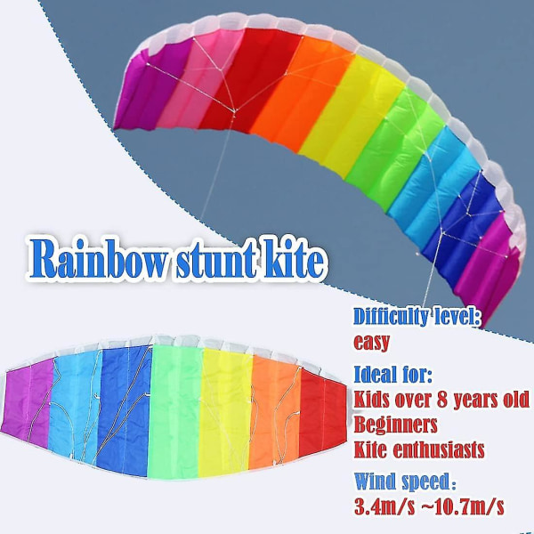 Rainbow Stunt Drage, 1,4 m Dual Line Power Kite til børn og voksne, sport parafoil faldskærmsdrage med dragestrenghåndtag, udendørs strandlegetøj