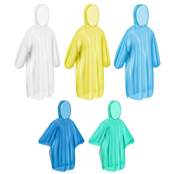 Poncho familiepakke, regnponcho for voksne barn engangs- eller gjenbrukbare poncho regnponchoer med hette med snøring 5 pakke