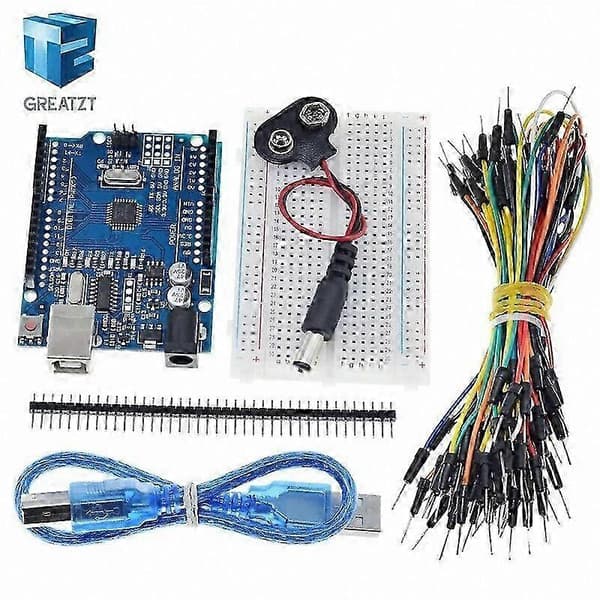Mikrokontroller nybörjarset med kort, kopplingsdäck, kablar, USB-kabel, batterikontakt