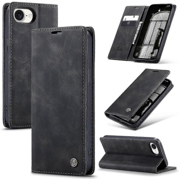 För iPhone 16e Plånboksfodral Caseme 013-serien PU-läder Telefonfodral Stativ Black