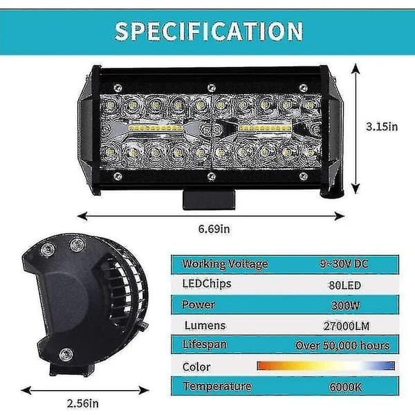 LED arbeidslys 12V 300W 7' Bil LED Spotlight 12V Vanntett IP67 Spot Flomlys LED Tåkelys 27,0