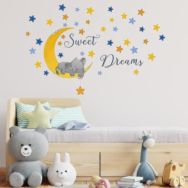 Keltaiset Sweet Dream -seinätarrat Elefanttitähti Kuu Seinätarrat, Lapset Baby Vauvankotihuone Lastenhuone Tee itse koristeellinen liima taidetapetti