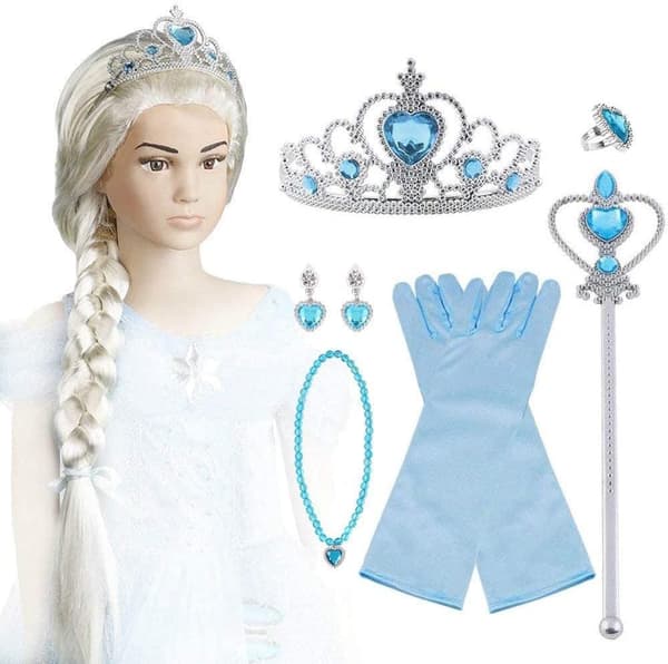Princess Elsa Costume Accessory Set for Kids, Includes Braid, Tiara, Gloves, and Wand 9pcs - blue (wig)