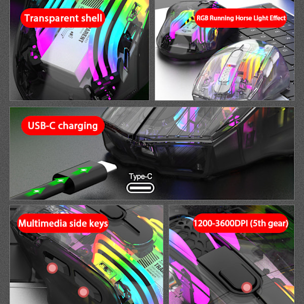 Bluetooth Trådløs Mus, Tri-Mode 2.4G/USB-C/Bluetooth Mus Opptil 3600 DPI, Chroma RGB Bakgrunnsbelyst, Transparent Mekanisk Gamingmus, Kul USB-Mus