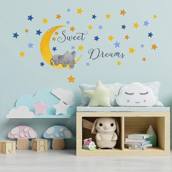 Gula Sweet Dream Väggdekaler Elefantstjärna Måne Väggdekaler, Barn Barn Baby Hemrum Barnkammare Självhäftande dekorativa självhäftande väggmålningar