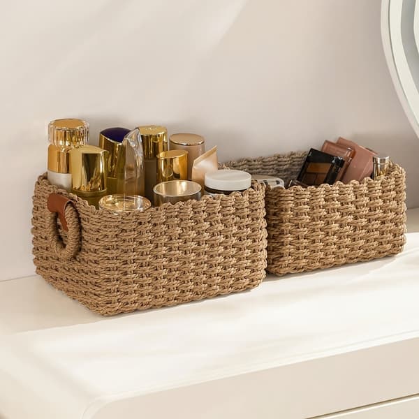 3 Woven Paper Rope Storage Baskets with Handles, Small Cute Gift Baskets.-CJY Khaki Khaki S+M+L