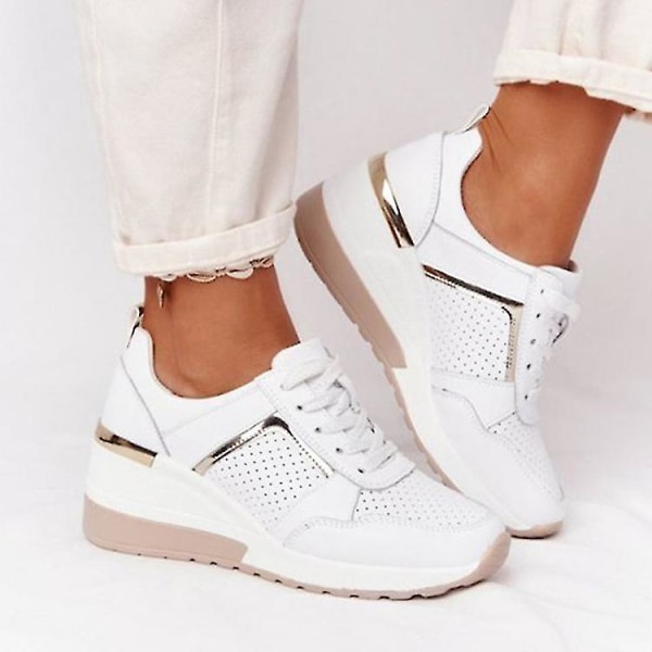 Snörning Wedge Sports Snickers Vulkaniserade Casual Comfy Shoes för kvinnor white 37