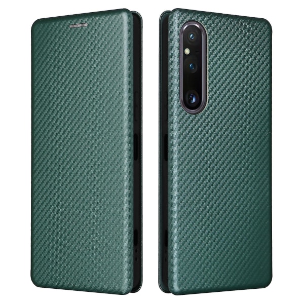 Sony Xperia 1 V -jalustalle Pu Nahkainen phone case Hiilikuitukuvioinen korttitelineen puhelimen cover Green