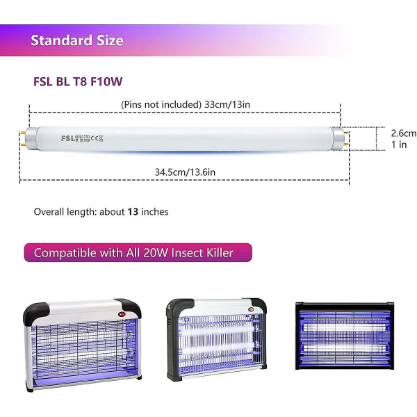 Fsl T8 F10w Bl Ersättningslampa för Myggdödande Lampa, 34,5cm Uv-rör för 20w Myggdödare/Insektsdödare (2-pack)