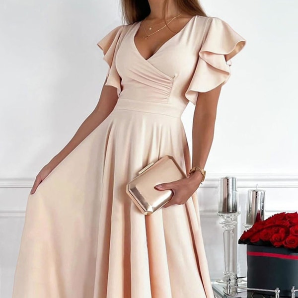 Kort volangärmad klänning Kvinnor Snygg Elegant Ren färg Omlott V-hals Midja Samlad midiklänning för arbete Vit S Apricot 2XL
