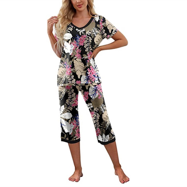 Dames Pyjamas 2-delt Søvnbeklædning Kortærmet T-shirt & Capri Bukser Sort Print Black Print 2XL