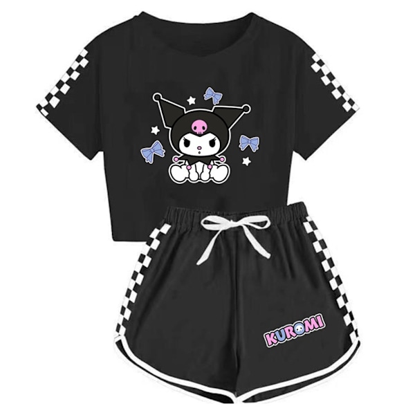 Kids Girls Boys Cartoon Kuromi Printed Short Sleeve T-shirt & Shorts Clothing Set Black