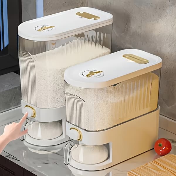 5 kg/10 kg risdispenser, stor opbevaringsbeholder til tørfoder med målekop og tidsskala - CJY Gray 10KG
