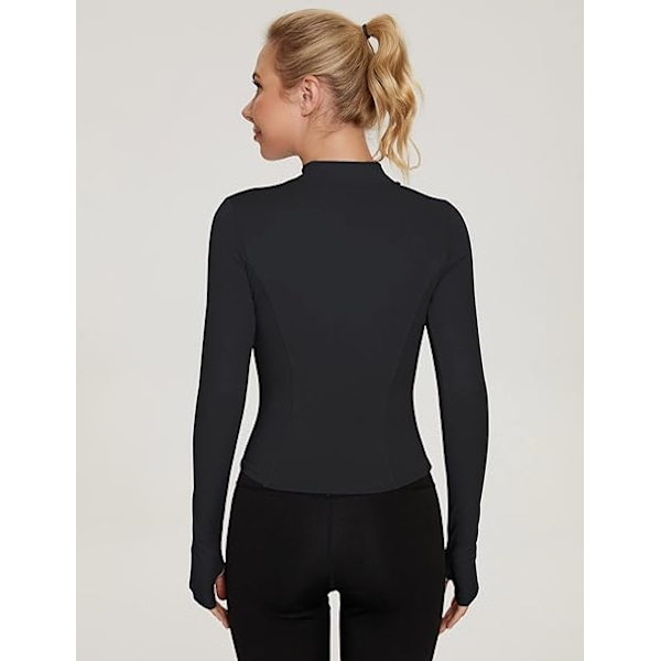 Naisten pitkähihainen urheilupaita, treenitoppi, fitness, jooga, crop top, naisten juoksupaita, puolipitkä vetoketju, hengittävä urheiluvaate peukaloaukoilla, musta black L