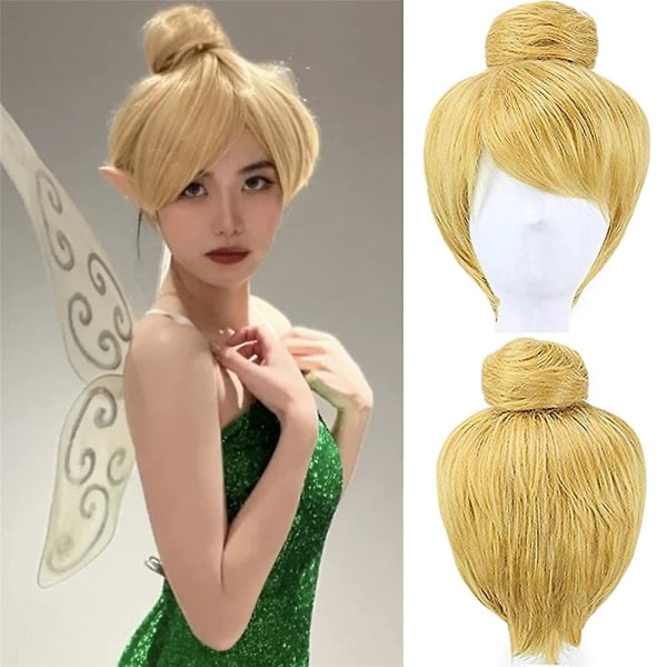 Tinker Bell Kort Lige Guld Blonde Hele Parykker Med pandehår Halloween Cosplay Kostume Rekvisitter Kvinder Julefest Hårparyk