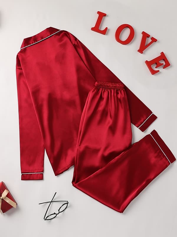 Solid pyjamassett, langermet med knapper, nattøy og loungewear for kvinner L Röd