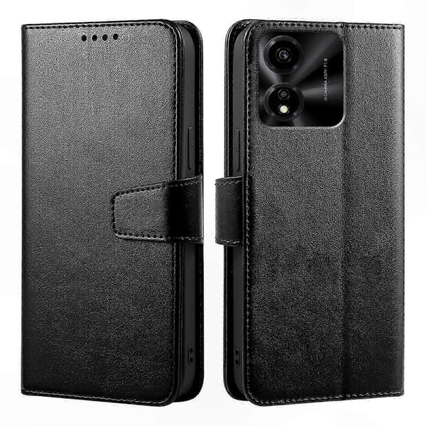 Læderpung-etui med standfunktion og kortholder til Honor X5c Plus, sort telefoncover