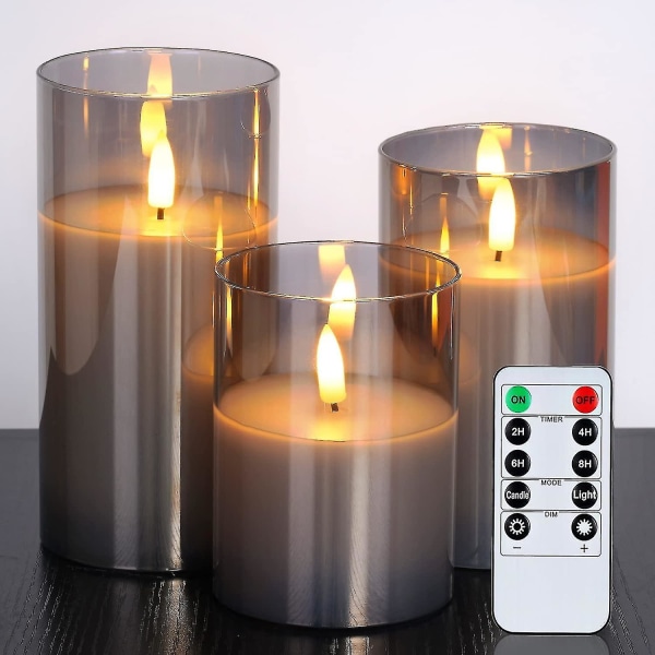 Glass Led Flameless Candles, Battery Candles, Pillar Candles Battery Operated With Remote Control And Timer, Electric Candles, Wax+grey Glass, Set Of