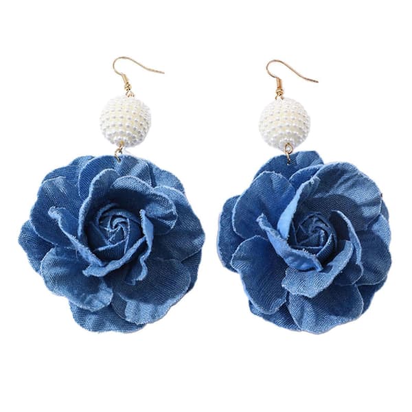 Håndlavede Kamelia Blomsterøreringe Blå Blomsterøreringe Stilfulde Denim Blomster Dråbe Øresmykker Ornament til Kvinder A
