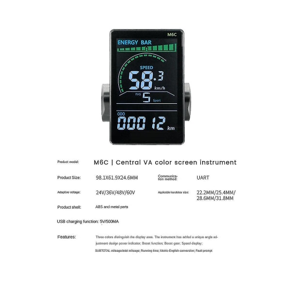 M6c elsykkel LCD-skjermmåler+36v 350w sinusbølgekontroller E-scooter LCD-panel fargeskjerm med usb for elsykkel