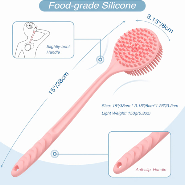 Silicone Long Handle Double-Sided Massage Bath Brush for Deep Cleaning & Relaxation Pink Pink 178