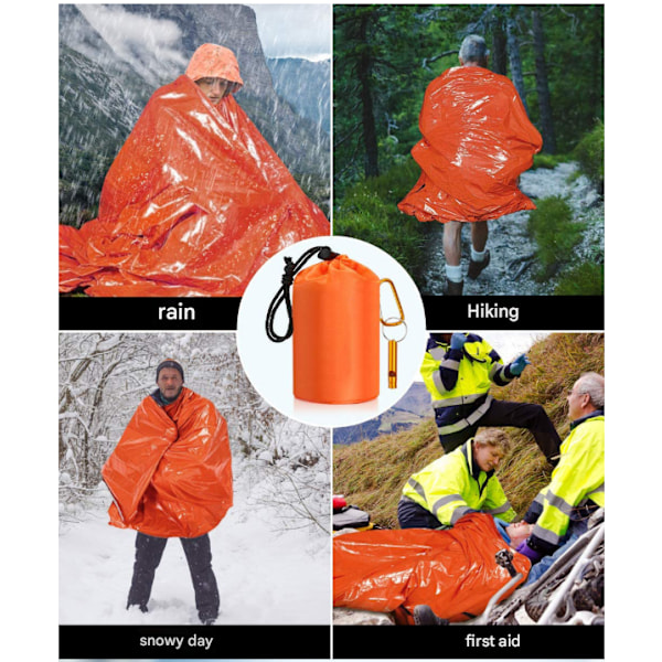 Nødsovepose med fløyte, ultralett vanntett varmt teppe for camping, fotturer oransje orange 4pc