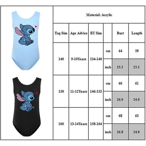 Jentebarn Lilo og Stitch Tegneserie Badetøy Endelt Badekostyme Strand Svømming Surf Dress Gave 9-14 År Sky Blue 13-14Y