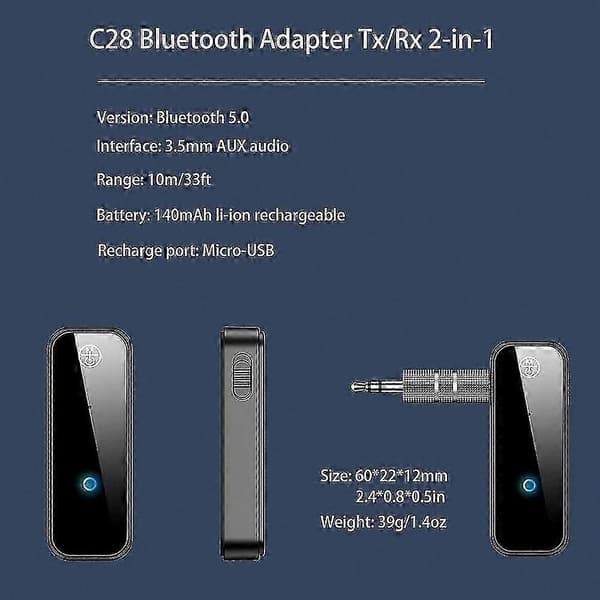 Trådløs lydadapter 3,5 mm Aux-mottaker, Bluetooth 5.0-sender for TV, PC og strømmeenheter Black