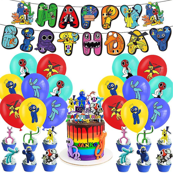 Roblox Rainbow Friends 2 Tema Barn Födelsedagsfest Tillbehör Kit Banner Ballonger Cake Topper Cupcake Toppers Set