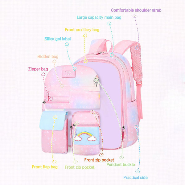 Koululaukut tytöille Useita ulkotaskuja Vedenkestävä, suurikokoinen matkalaukku Gradient Pink Small