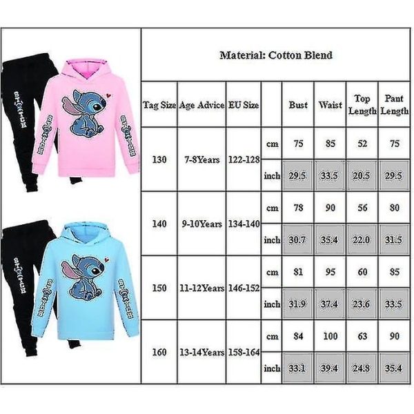 Lilo & Stitch Print Børne Tracksuit Sæt Drenge Piger Casual Hættetrøje Jogger Bukser Outfit Activewear Sportswear Light Blue 7-8 Years