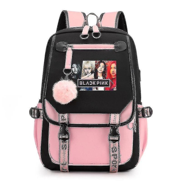 Skolebagg 2022 med USB-lading & hodetelefonport (blackpink) - Blackpink Ryggsekk Laptop Bag