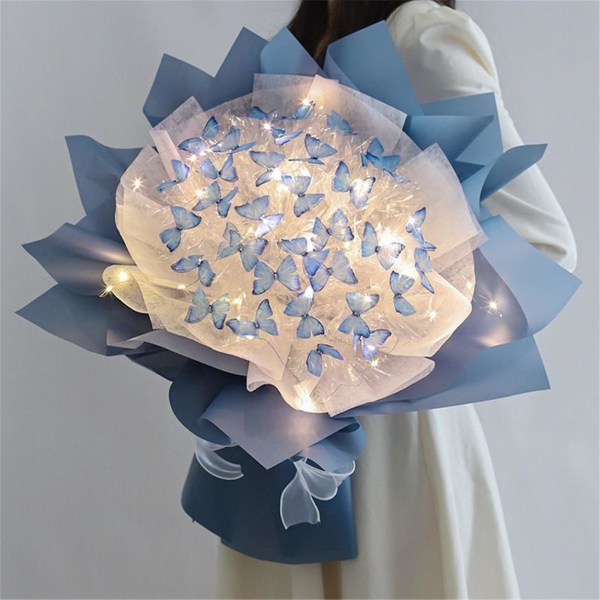 Hårband Nytt 52 st Fjärilar Blombukett Set med LED-ljus Fantastiska presentidéer för alla hjärtans dag, födelsedag, årsdag, förlovning Blue