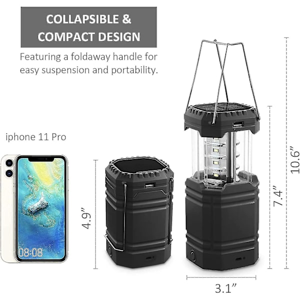 Solcellsladdad LED-campinglampa, vattentät LED-campinglykta, nödlampa med handvev, inbyggt 3000mAh-batteri för vandring black