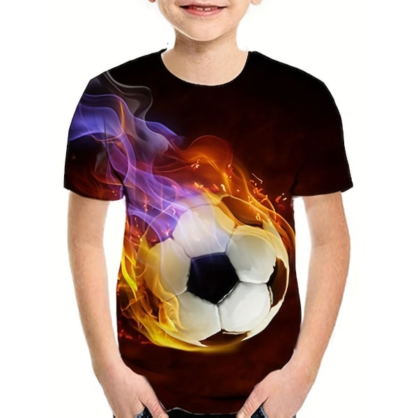 Flame Football Mønster T-shirt til børn, Kortærmet Top, Casual Tee, Drengetøj til sommer 110cm