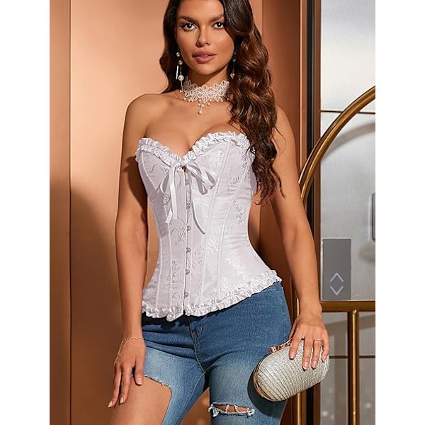 Naisten Overbust Sweetheart-pitsillä kiinnitettävä muovikehikkoinen korsetti-bustier-alusasu, Valkoinen XL