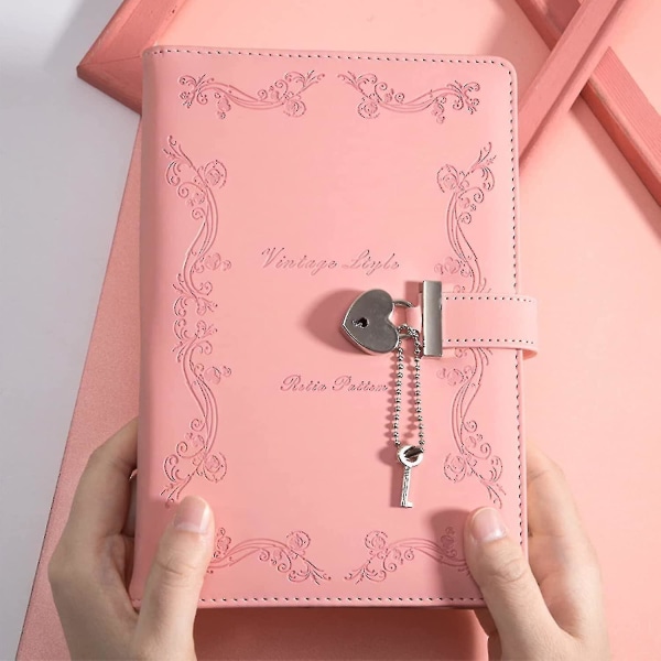 Dagbok med lås och nyckel för tjejer Tjocka 360 sidor läder hjärtformad låstidning Söt låst hemlig dagbok Anteckningsbok för kvinnor Vuxna A5 (röd)