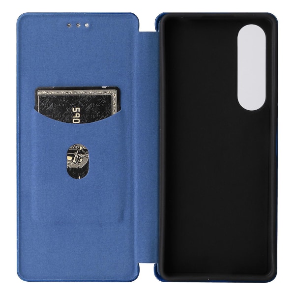 For Sony Xperia 1 V Stand Pu Lær telefonveske Carbon Fiber Texture Kortholder Telefondeksel Blue