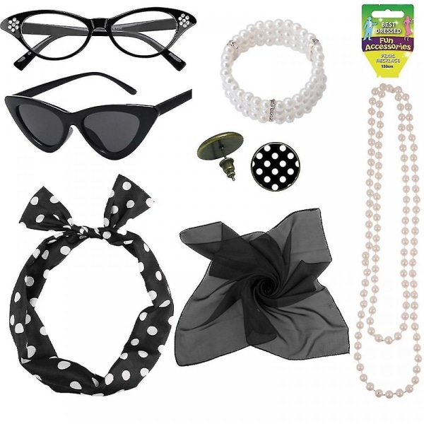 50'er kostumetilbehørssæt - prikket tørklæde, pandebånd, øreringe, briller