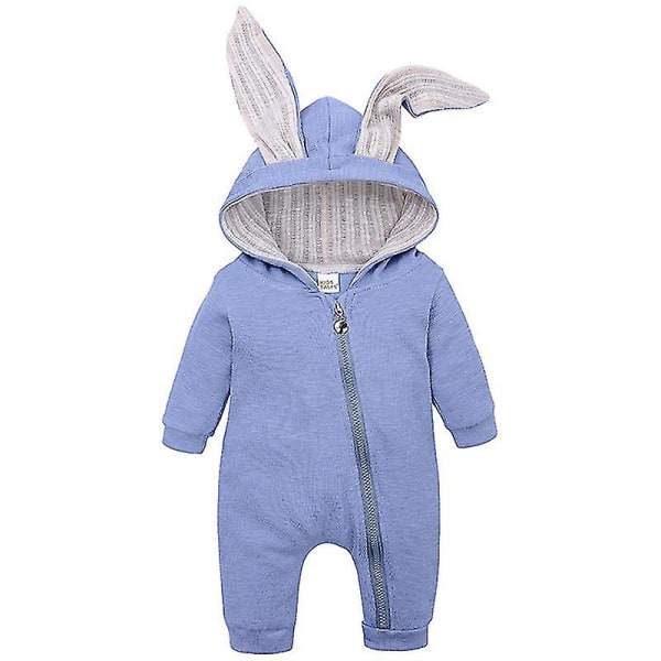 Baby Romper Kanin Bunny Ear Hætte Jumpsuit Lynlås One Piece Pyjamas Blue 0 3 Months