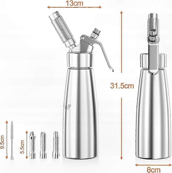 Grädddispenser 500 ml med 3 munstycken, sifon i rostfritt stål för vispgrädde och desserter