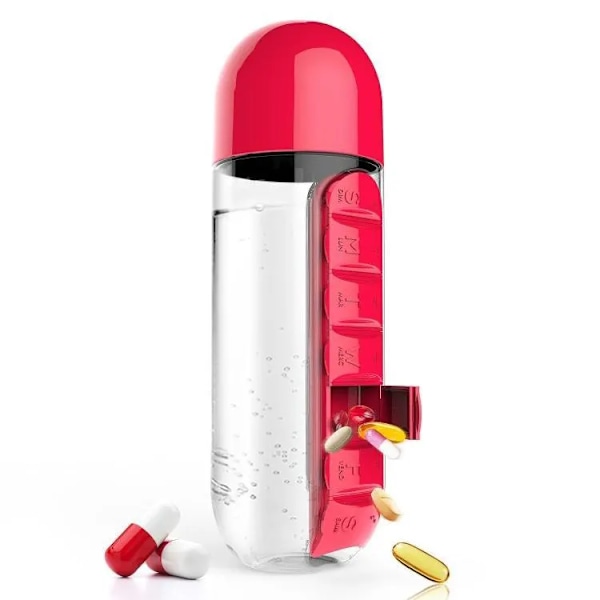 Lloow 2-in-1 Kannettava Vesipullo Pillereiden Järjestäjällä, 7 Päivän Matkalääkekaappi, 600ml Vesikuppi, PP-Materiaali, Matkustamiseen/Kuntoiluun/Työhön, Punainen